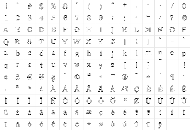 ChristianBeckerOutline Regular  glyph index