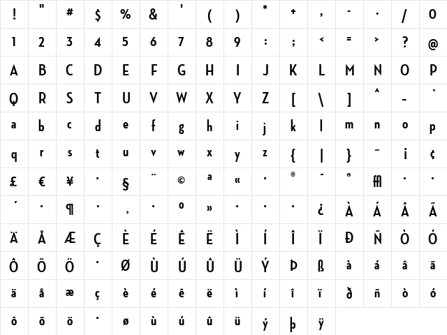 NeutrafaceCondensedPS Bold  glyph index