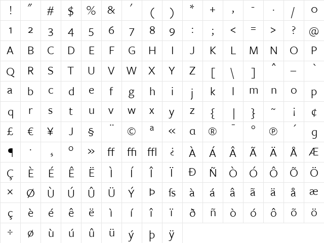 FreightSans Book Regular  glyph index