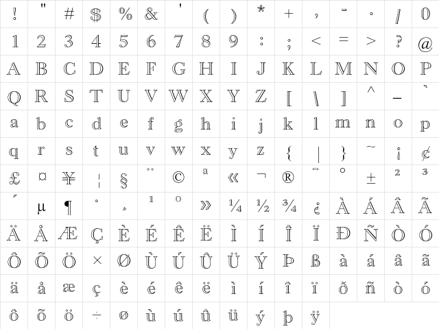 Monotype Old Style MT Bold Outline  glyph index