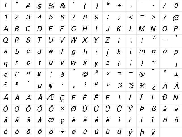 NovaSSK Italic  glyph index