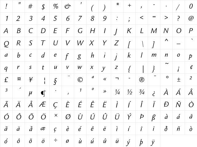 ITC Legacy Sans Book Italic  glyph index