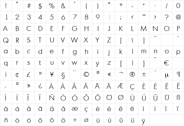 Montreal-Light Regular  glyph index