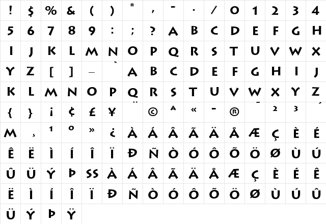 Lithos Light Bold  glyph index