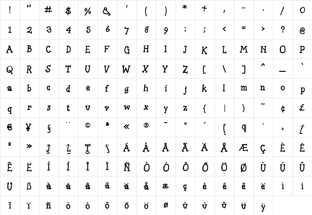 SlabSerifWritten Bold  glyph index