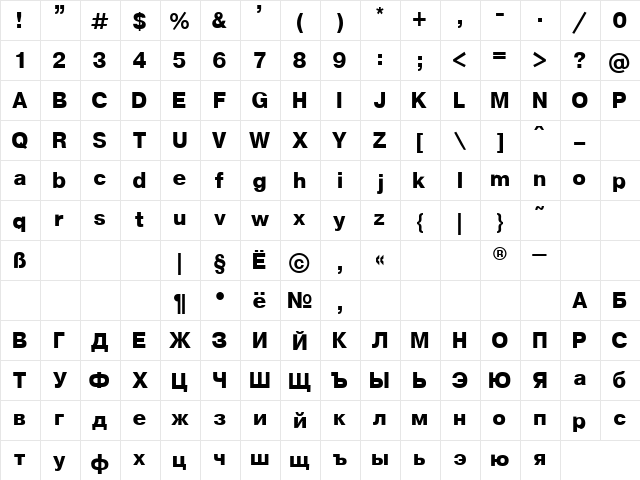 Geneva Bold  glyph index