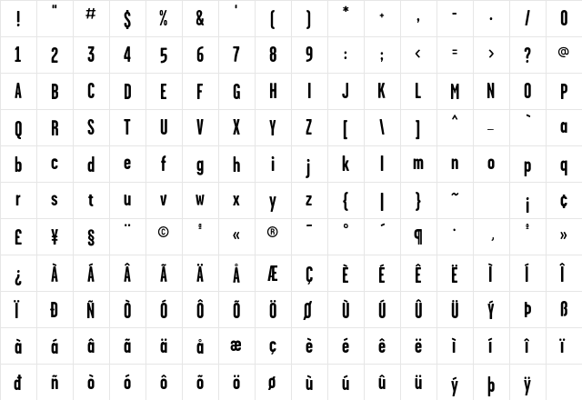 Garage Gothic FB Bold  glyph index