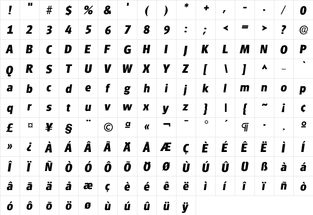 Iglasgow Bold  glyph index