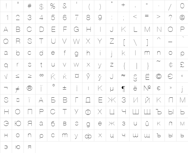 VantaThin Regular  glyph index