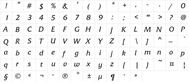FrizQuadrataC Italic  glyph index