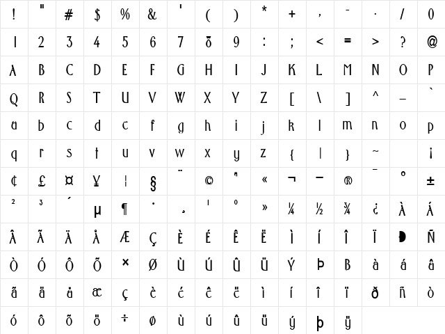 Wright-Condensed Bold  glyph index