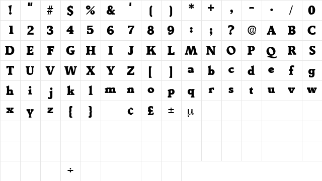 TractoDisplaySSK Regular  glyph index