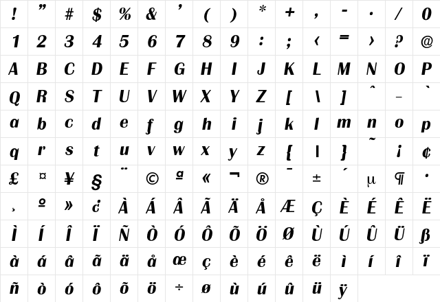 Grenoble-BoldIta Regular  glyph index