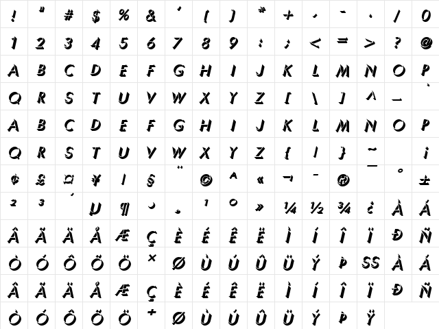 Umber BoldItalic  glyph index