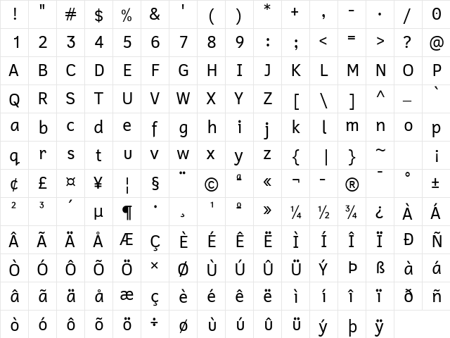 Cadman Regular  glyph index
