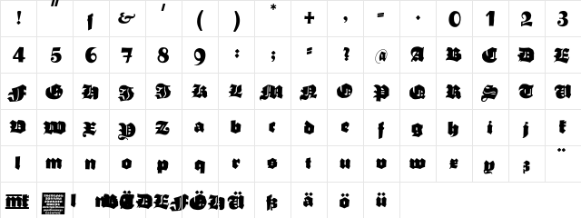 TypoasisBoldGothic Regular  glyph index