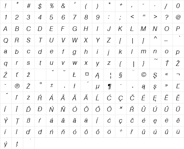 NimbusSanPEELig Italic  glyph index