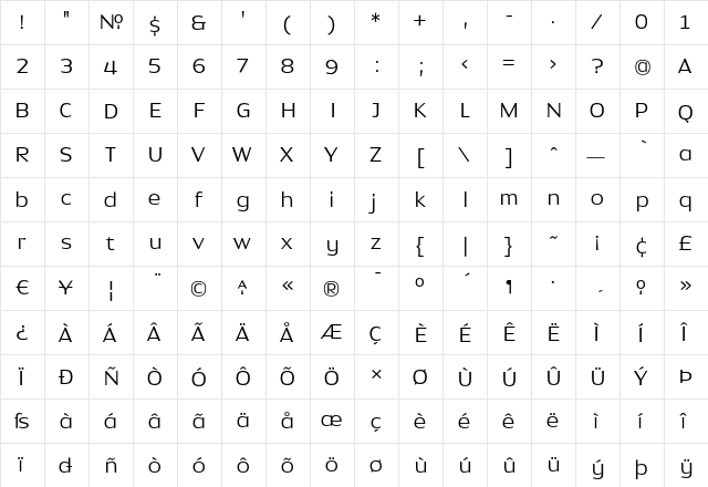 DynastyLight Regular  glyph index