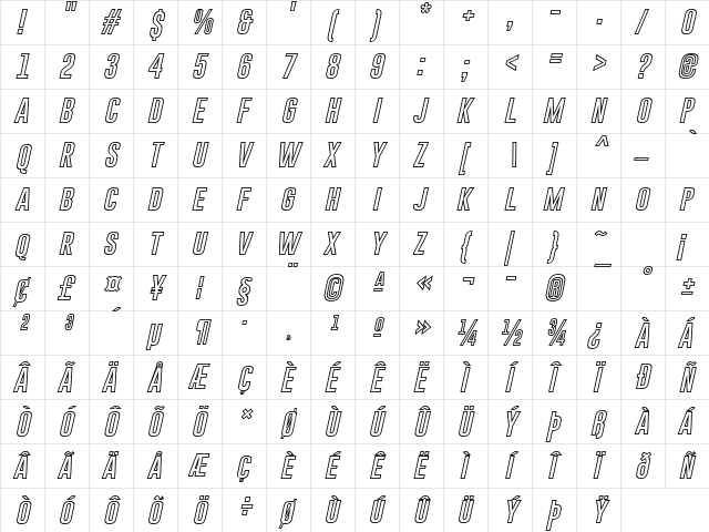 Gobold Hollow Bold Italic  glyph index