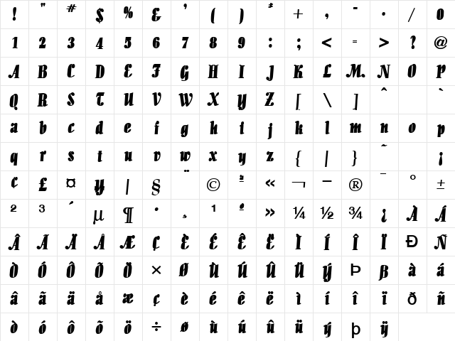 Aloe Bold  glyph index