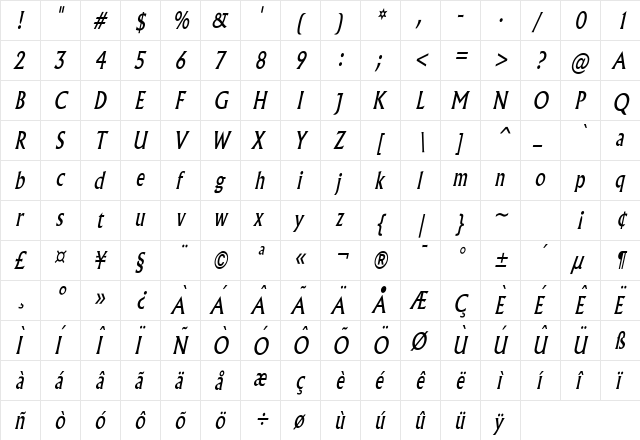 Flair Thin Italic  glyph index