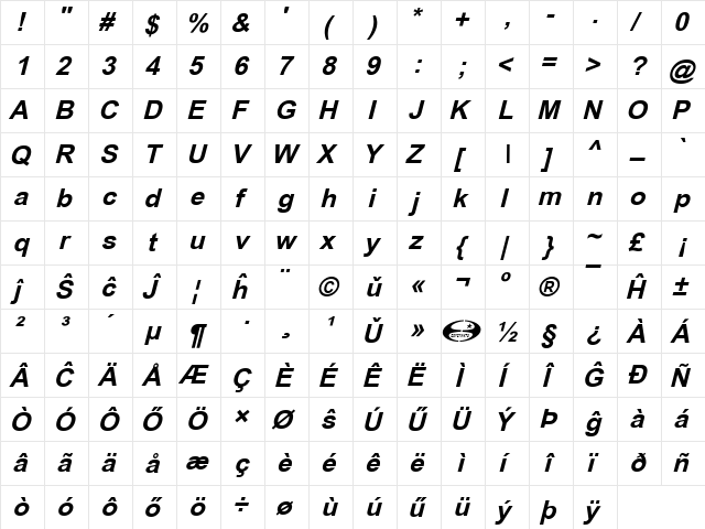 Orion Esperanto Dika Kursiva  glyph index