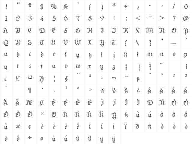 NeuAltischGray Regular  glyph index