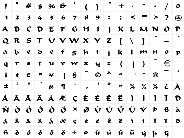 FlatBrushWide Bold  glyph index
