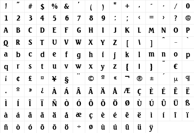 Seagull-Bold Regular  glyph index