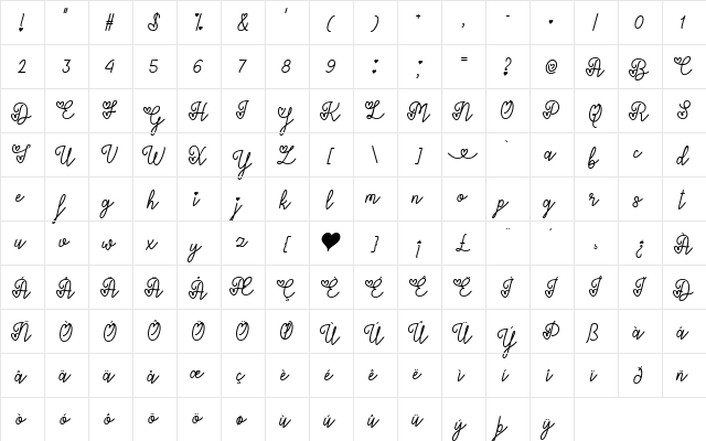 Lovers in February Regular  glyph index