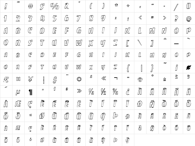 Slabout Becker Normal  glyph index