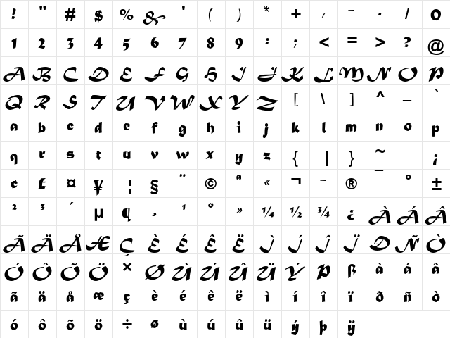 Matura MT Script Capitals Regular  glyph index