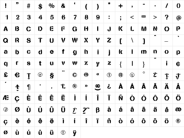 Stencilia-Bold Regular  glyph index