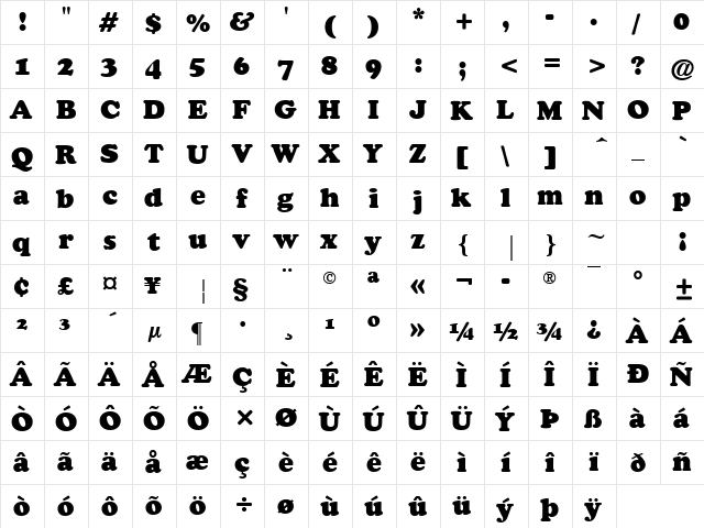 Ozzie Black Regular  glyph index