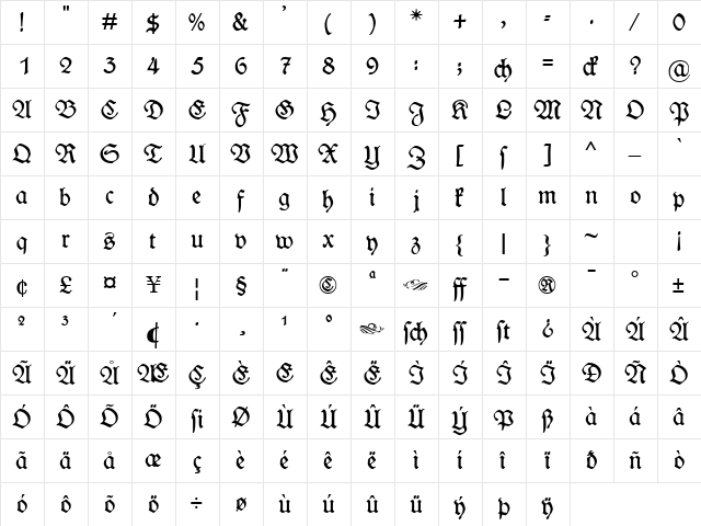 WieynkFraktur Regular  glyph index