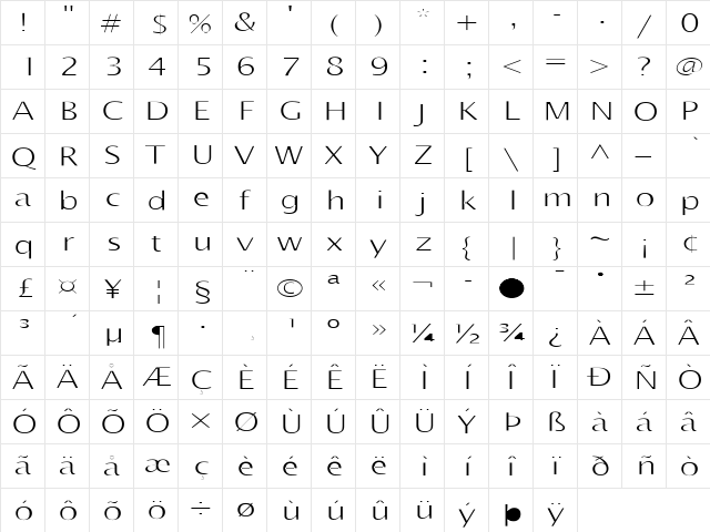 Intention Regular  glyph index