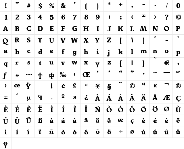 Derringer-Bold Regular  glyph index