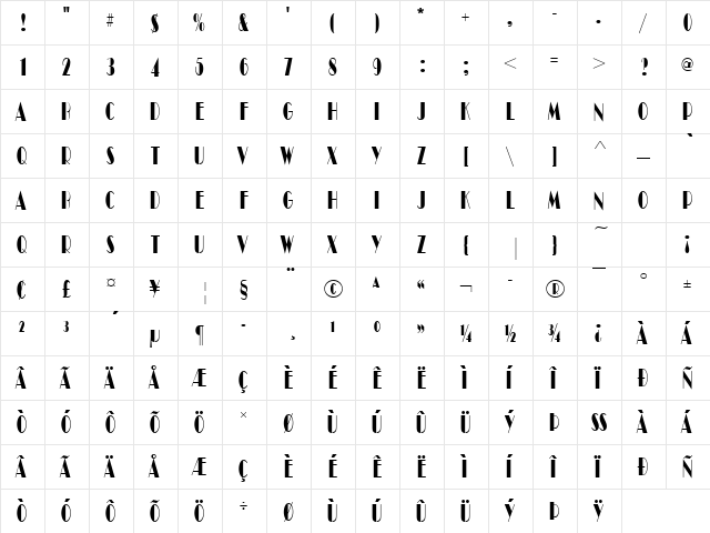 Broadway Becker Compress Regular  glyph index