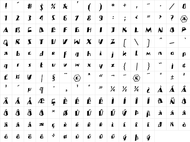 MateoBoldLL Medium  glyph index