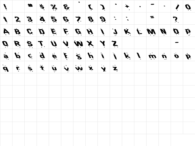 Liquid ExLeftie Regular  glyph index