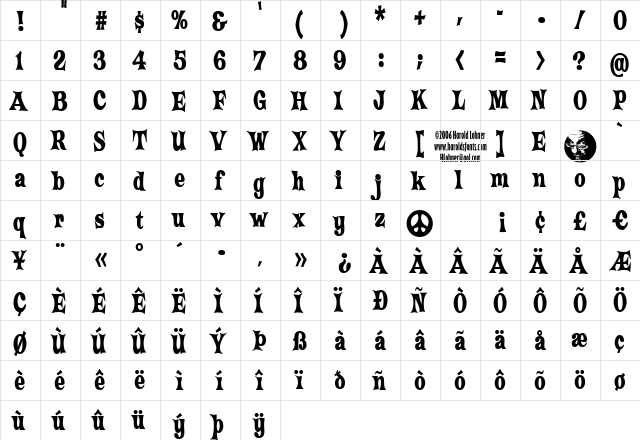 Crazy HaroldCondensed Regular  glyph index