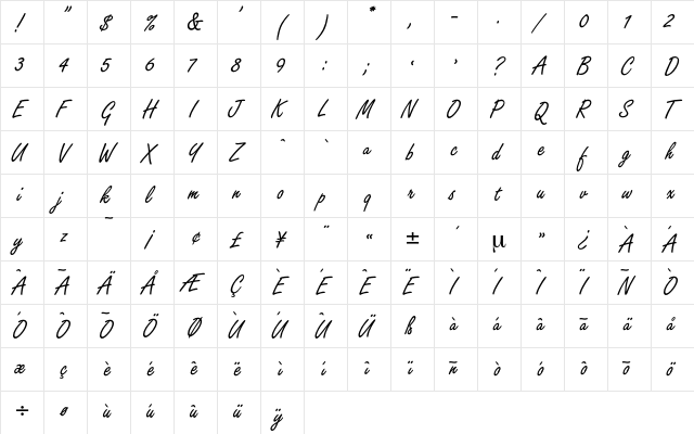Arabella Regular  glyph index