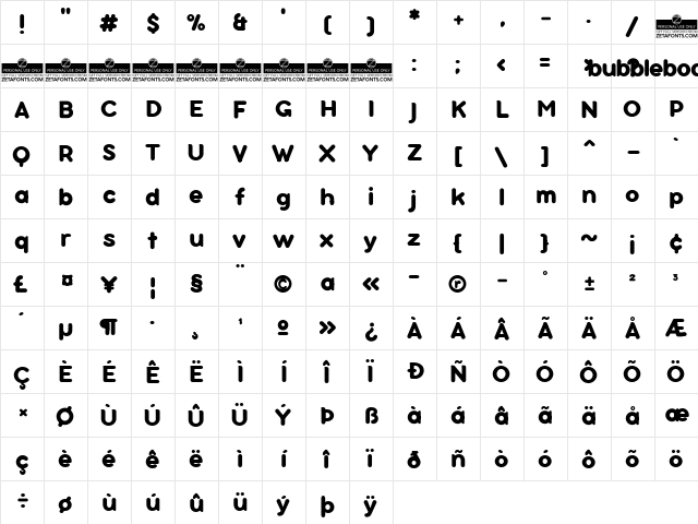 Bubbleboddy Neue Trial Bold  glyph index