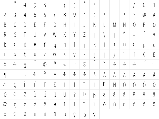 Interstate Regular  glyph index