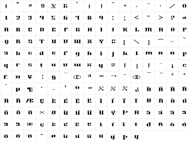 Alexander Bold  glyph index