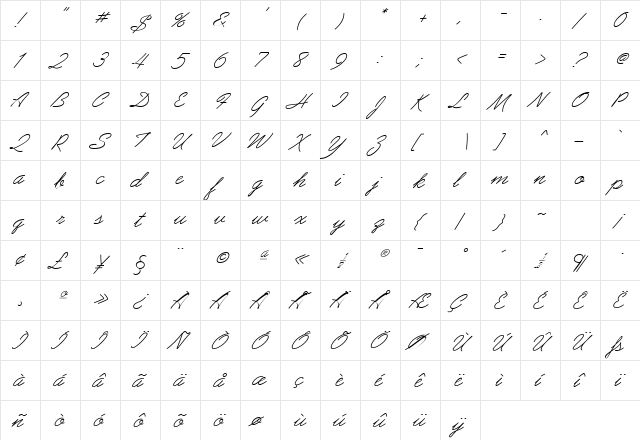 PreludeScriptFLF-Slant Roman  glyph index