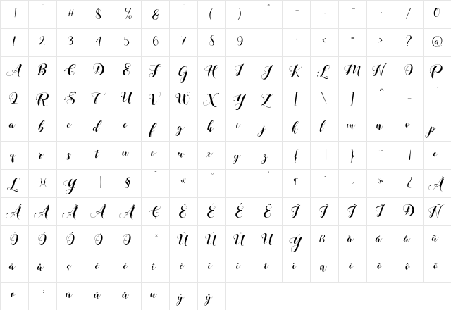Loveya Script Regular  glyph index