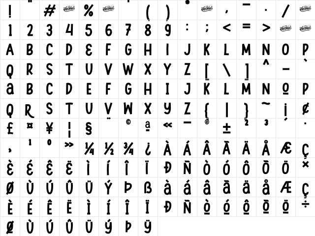 Swingsnug Bold Regular  glyph index