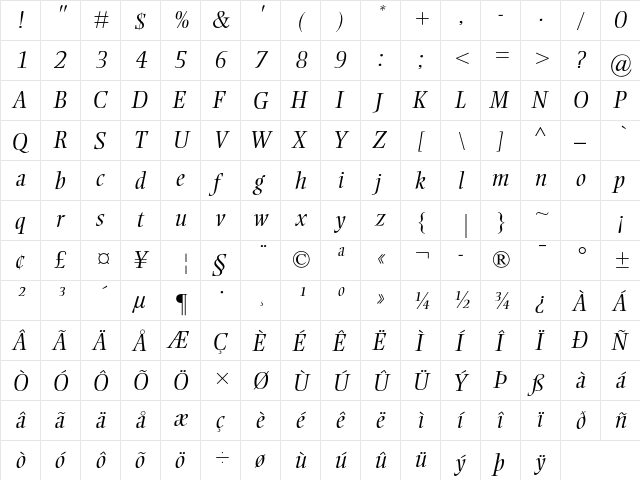 Ellington MT Std Light Italic  glyph index