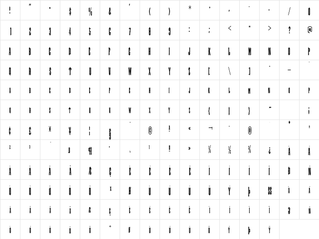 SlayerCondensed Regular  glyph index